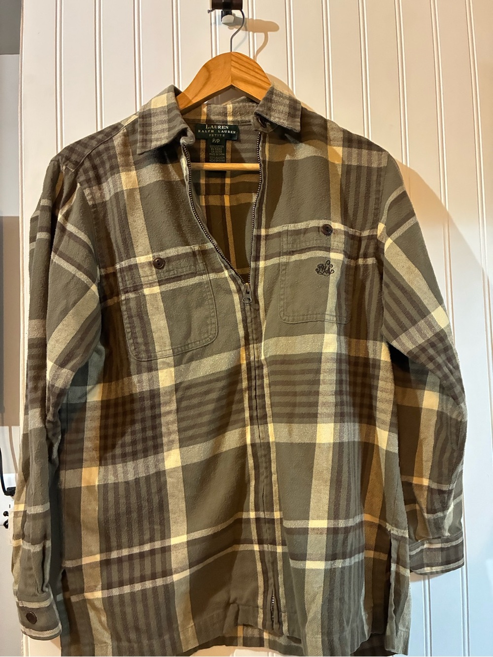 Lauren Ralph Lauren Olive and Tan Plaid Zip-Up Shirt Jacket 💯% cotton